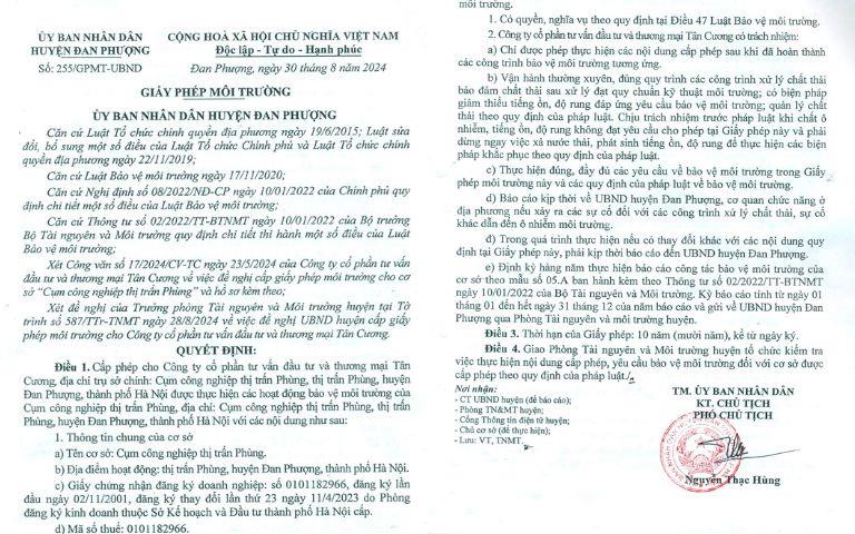 GPMT CTCP ĐẦU TƯ VÀ THƯƠNG MẠI TÂN CƯƠNG